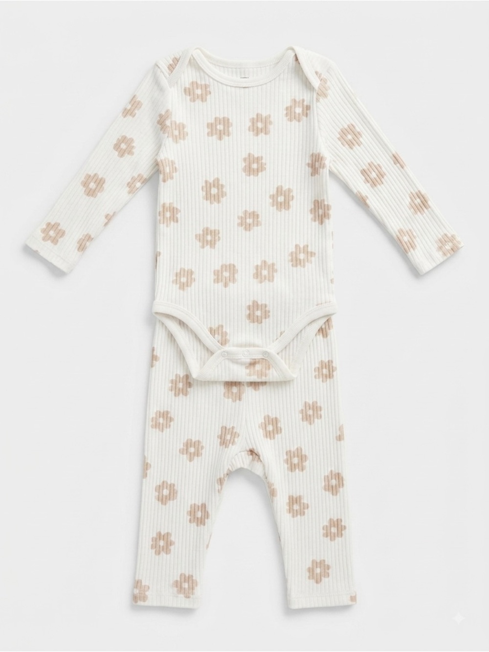 cloud island Cream Ribbed Floral Two-Piece Bodysuit Set in Tan